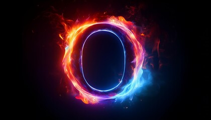 Wall Mural - a glowing colorful ring of fire on black background with the letter o in center red and blue flames swirling around it creating an enchanting atmosphere