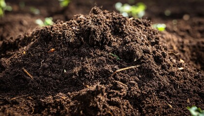 close up of rich dark compost soil with organic matter and small plant debris texture highlighting nutrient rich composition ideal for gardening and plant growth