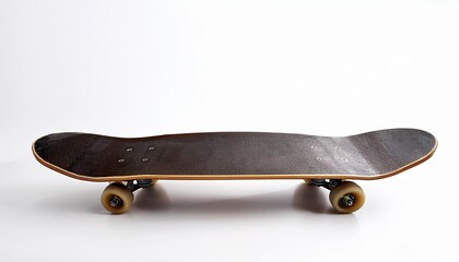 a skateboard gracefully sits on a pristine white background