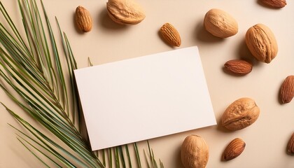 Wall Mural - a flat lay mockup featuring a blank card on a beige background surrounded by almonds dried palm leaves and a walnut