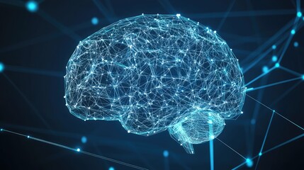 Poster - AI brain made of glowing lines and dots, showcasing futuristic technology. Human brain activity with plexus lines, illustrating external cerebral connections. Ideal for AI, psychology concepts