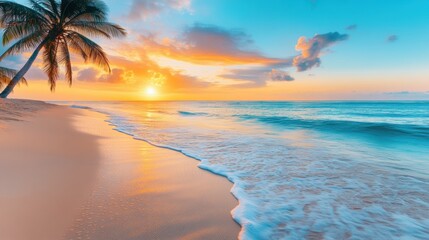 Wall Mural - A beach with a palm tree and the sun setting, AI