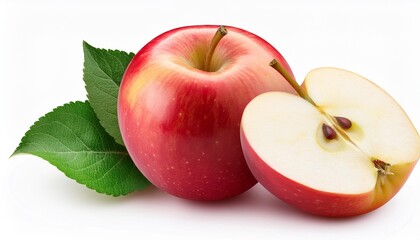 Wall Mural - ripe red apple fruit with apple half and green leaf isolated on white background apples and leaf with clipping path