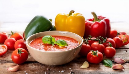 Wall Mural - a bowl of vibrant gazpacho garnished with fresh basil and diced vegetables sitting on a rustic wooden table surrounded by ripe tomatoes and peppers