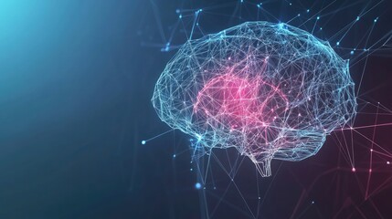 Poster - AI brain made of glowing lines and dots, showcasing futuristic technology. Human brain activity with plexus lines, illustrating external cerebral connections. Ideal for AI, psychology concepts