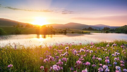 beautiful summer spring natural landscape with lake and wildflowers at sunset