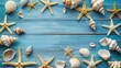 © Calima - Seashells and Starfish on a Blue Wooden Background with copy space