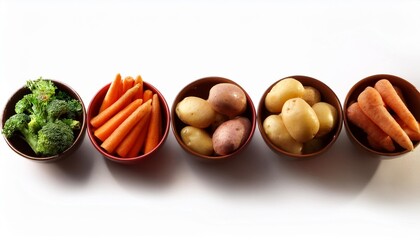 a row of bowls with various types of vegetables including carrots potatoes