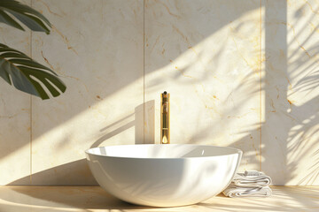 Wall Mural - A white sink with a gold faucet sits in front of a wall with a plant