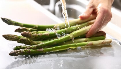 organic asparagus is washed with water to prepare the dish generative ai