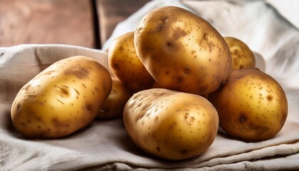 fresh organic dirty potatoes heap closeup on linen tablecloth on rustic wooden background