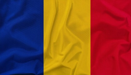 romania nation flag on crumpled fabric background country flag