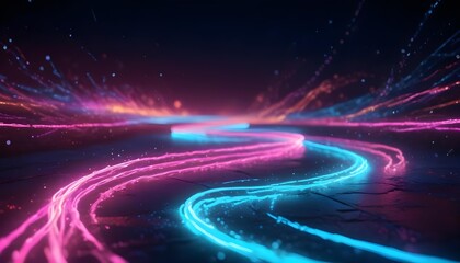 Wall Mural - glowing neon road winding through a dark, futuristic landscape with vibrant pink and blue lights