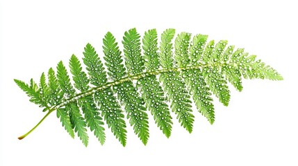 Wall Mural - A single fern leaf with dew drops on its surface, symbolizing nature, freshness, growth, life, and purity.