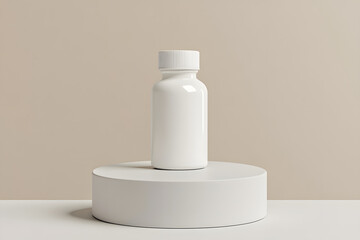 mock-up of plain white medicine bottle on podium with neutral background