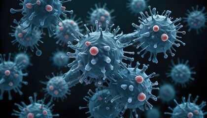 Wall Mural - Microscopic view of coronavirus particles, showing the distinctive spike proteins on the surface of the virus