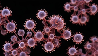 Wall Mural - Microscopic view of pink and purple virus or bacteria cells, with a dark background