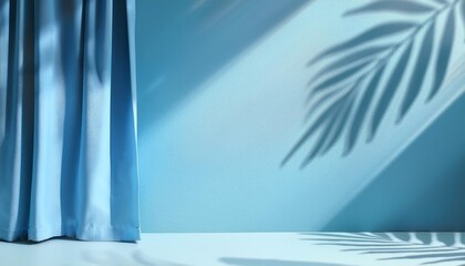 Wall Mural - minimal abstract light blue background for product presentation shadow of tropical leaves and curtains window on plaster wall