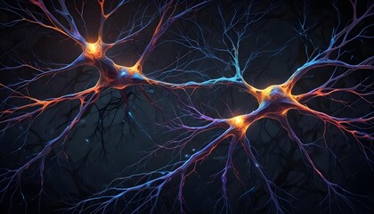 Wall Mural - glowing neural network with bright orange and blue synapses against a dark background