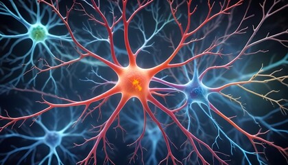 Wall Mural - glowing red and blue neural network or neuron cells with intricate branching structures