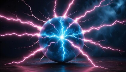 Wall Mural - glowing blue and pink plasma orb surrounded by electric lightning bolts against a dark background