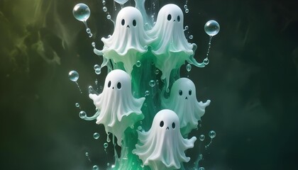 Wall Mural - Floating white ghost-like figures with large eyes and simple facial features, surrounded by bubbles against a dark green background