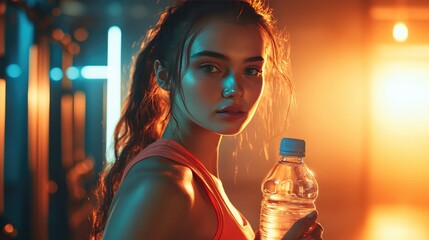 Young Woman Holding Water Bottle in Colorful Gym Lighting