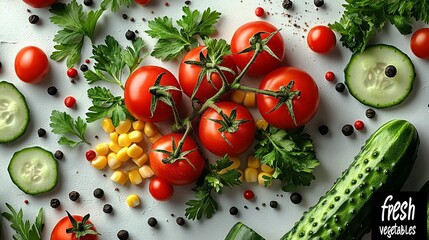 Wall Mural - poster with a top-down view and a hint of fresh vegetables, showcasing fresh parsley, tomatoes, corn