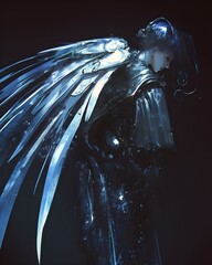 Poster - illustration, female angel with wings made of chrome, blue light on black background, full body shot.