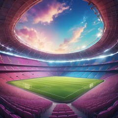 Empty stadium showcasing a well-maintained, lush green playing field under bright lights, football stadium inside view,  stadium background, empty arena in neon light