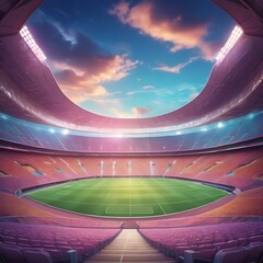 Empty stadium showcasing a well-maintained, lush green playing field under bright lights, football stadium inside view,  stadium background, empty arena in neon light