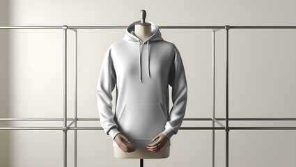 A mockup of a plain white hoodie in a store, displayed on a mannequin standing in front of a clothing rack, AI generated image