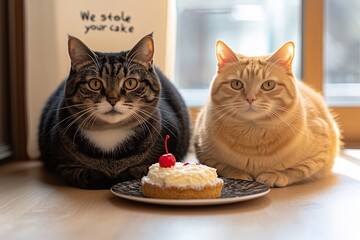 Two cats, one tabby and one ginger, stare intently at a cake with a cherry on top, their caption reads 'We stole your cake.'