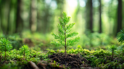 A small tree is growing in the forest. The tree is surrounded by green grass and moss. Concept of growth and life in nature