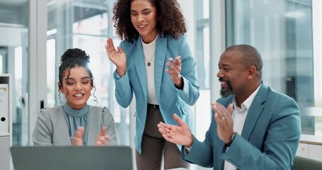 Aufkleber - Business, people and celebration in office, laptop and success of pitch, desk and collaboration in bank. Corporate, women and reading of email by employee, proposal and congratulations for deal