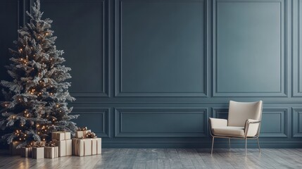 Wall Mural - Beautiful Christmas tree with gifts near chair and dusty blue textured wall. Monochrome empty living room Wall scene mockup. Promotion background.