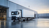 A large white truck is parked in front of an industrial warehouse, capturing the essence of logistics and freight transport.

