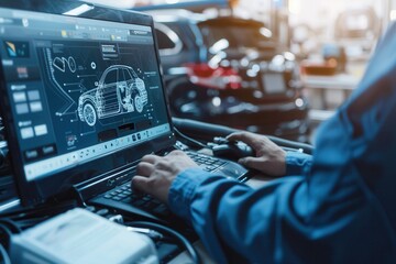 Poster - A mechanic uses a computer for diagnostics while working on engine repairs in an automotive workshop. Generative AI