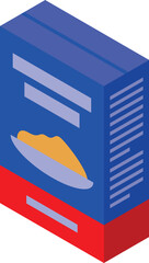 Poster - Blue cardboard package with image of food on plate standing isometrically on white background