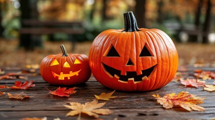 Canvas Print - Pumpkins on Wooden Table with Autumn Leaves