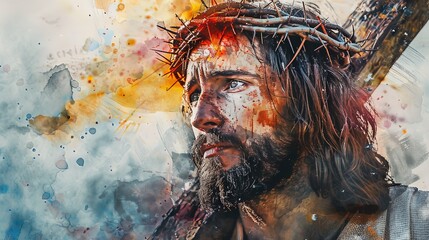 A vivid and emotive illustration of a man adorned with a crown of thorns, highlighting the intense emotional and physical aspects of the crucifixion within an abstract backdrop.