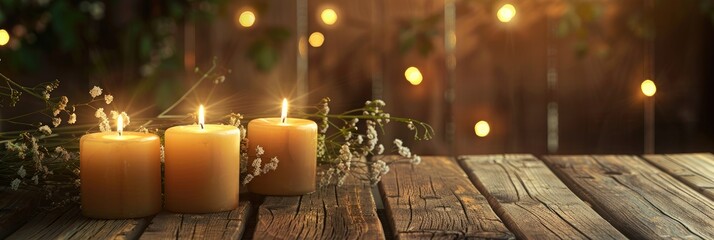 Poster - Glowing candles placed on a textured wooden surface