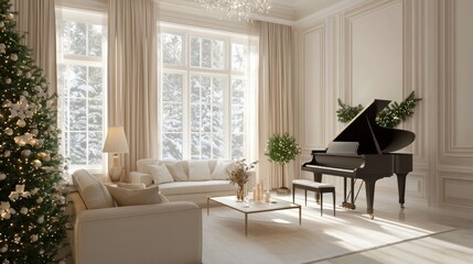 Wall Mural - A large black grand piano sits in the middle of a living room with a white couch and a white coffee table. The room is decorated with a Christmas tree and a few potted plants