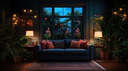 Wall Mural - A living room with a blue couch and a window with a view of trees. The room is dimly lit and has a cozy atmosphere