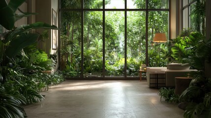 Wall Mural - A large room with a lot of plants and a window. The room is empty and has a lot of greenery