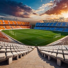 Empty stadium showcasing a well-maintained, lush green playing field under bright lights, football stadium inside view,  stadium background, empty arena in neon light