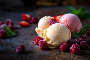 Canvas Print - Creative food template. Soft serve gelato ice cream scoop balls with topping fruit berry raspberry on rough granite dark concrete background. copy text space	
