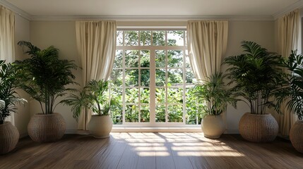 A room with a large window and two potted plants. The room is empty and has a minimalist feel