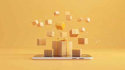 A digital representation of packages appearing from a smartphone, symbolizing online shopping and delivery convenience.