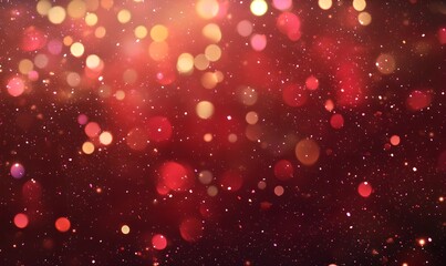 Poster -  Festive red bokeh lights abstract background. Blurred shiny glitter particles backdrop. Defocused light. Holiday sparkle effect. Magical and dreamy. New Year and Christmas